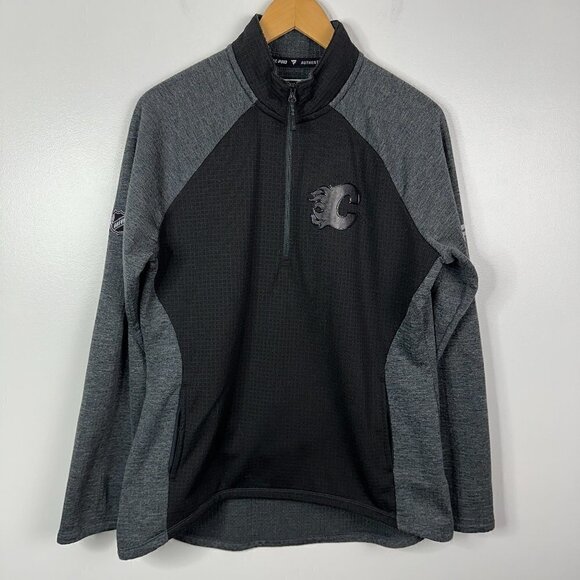 Calgary Flames NHL Authentic Pro Fanatics Half Zip Pullover Sweater Waffle Knit - Picture 1 of 3